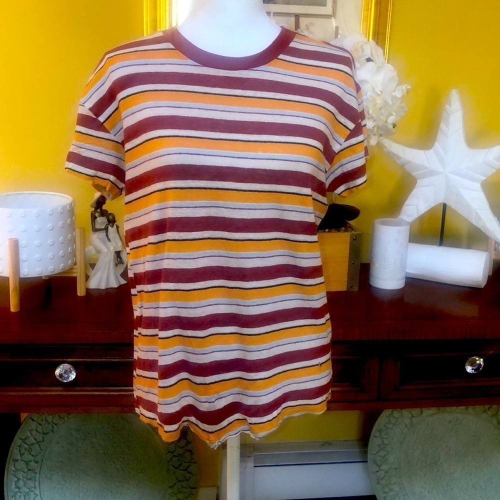 Frame Wear Thin Crew Neck Sunrise Stripe 100% Linen Short Sleeve Top Size Small